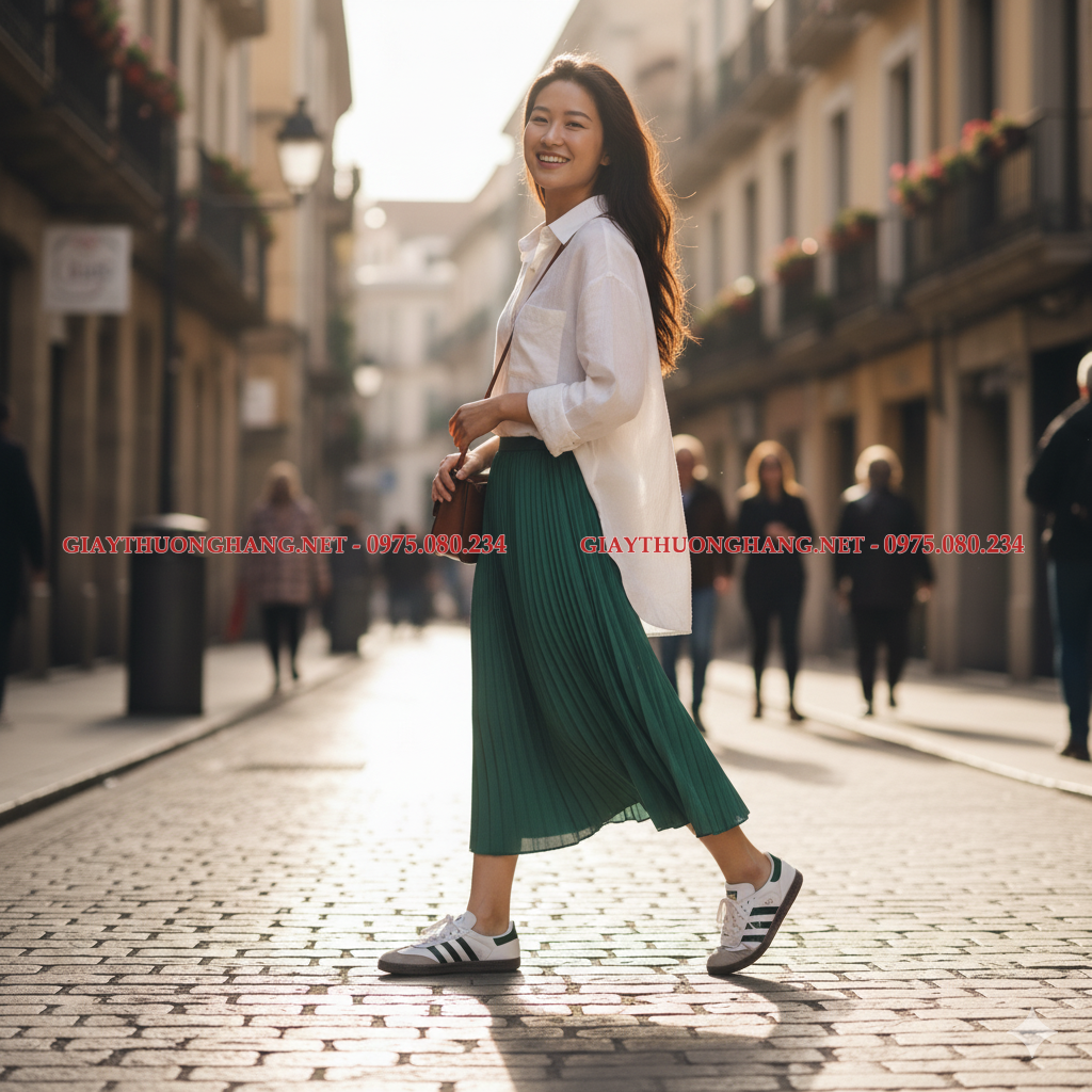 Phối đồ chân váy midi thanh lịch với sneaker cổ điển cho cô nàng công sở