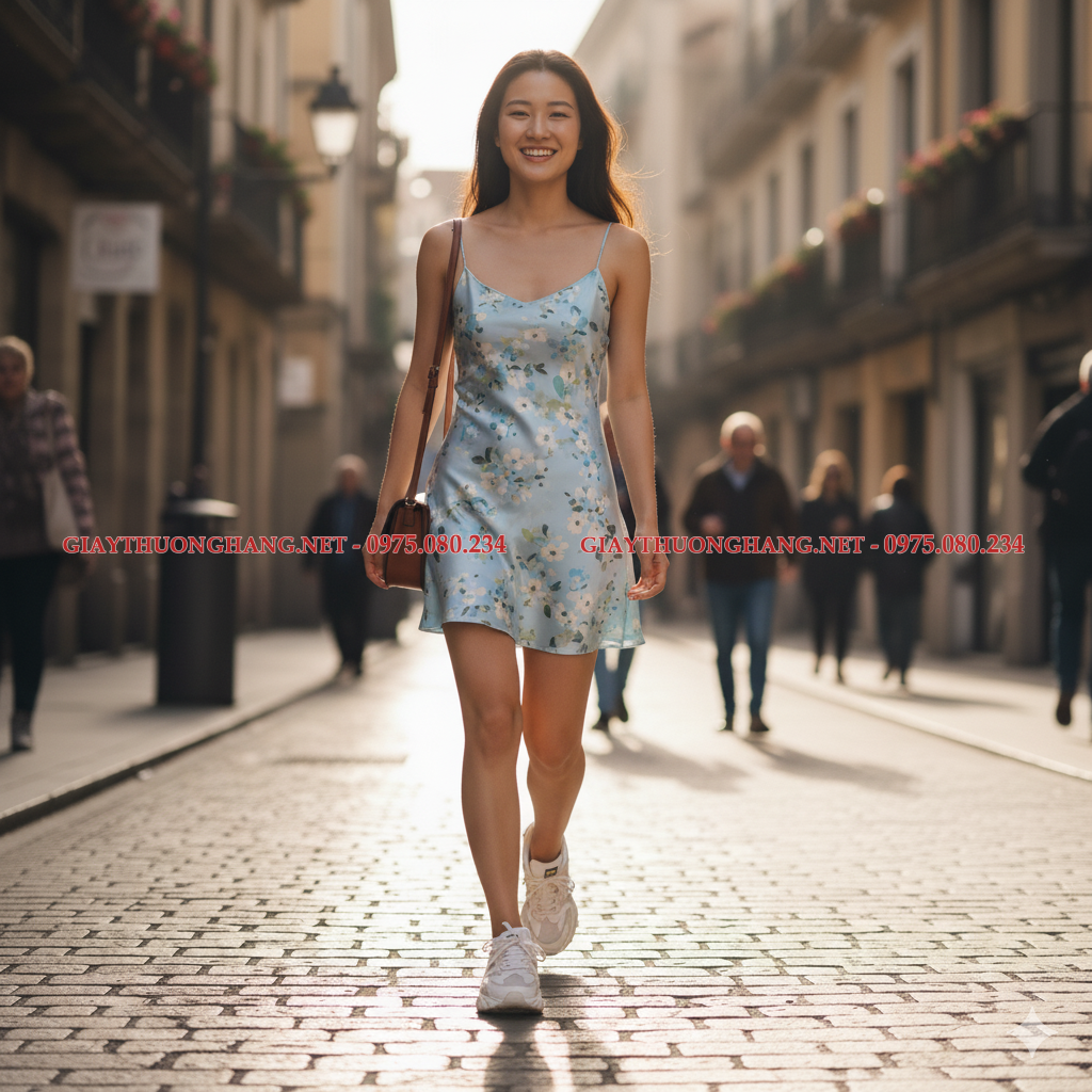 Cô gái mặc váy hoa nhí đi giày thể thao sneaker trắng phong cách hiện đại 2025