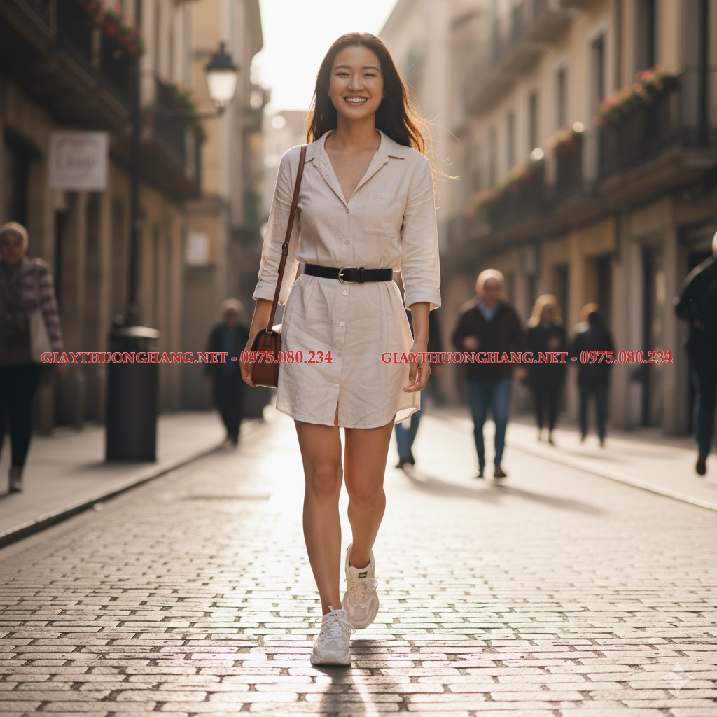 Mẫu váy sơ mi năng động phối cùng giày sneaker trắng